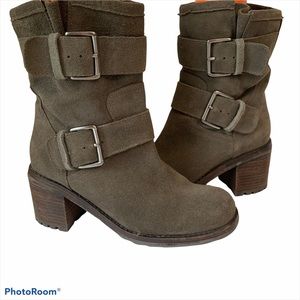 Sam Edelman Troy 7 leather moto pull on heeled boots buckles boho charcoal